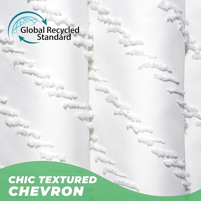 96inche Extra Long Shower Curtains 72 x 96 Inches White Tufted Chevron Striped Fabric Shower Curtains for Bathroom Modern Shabby Chic Waterproof Cloth Shower Curtain, White