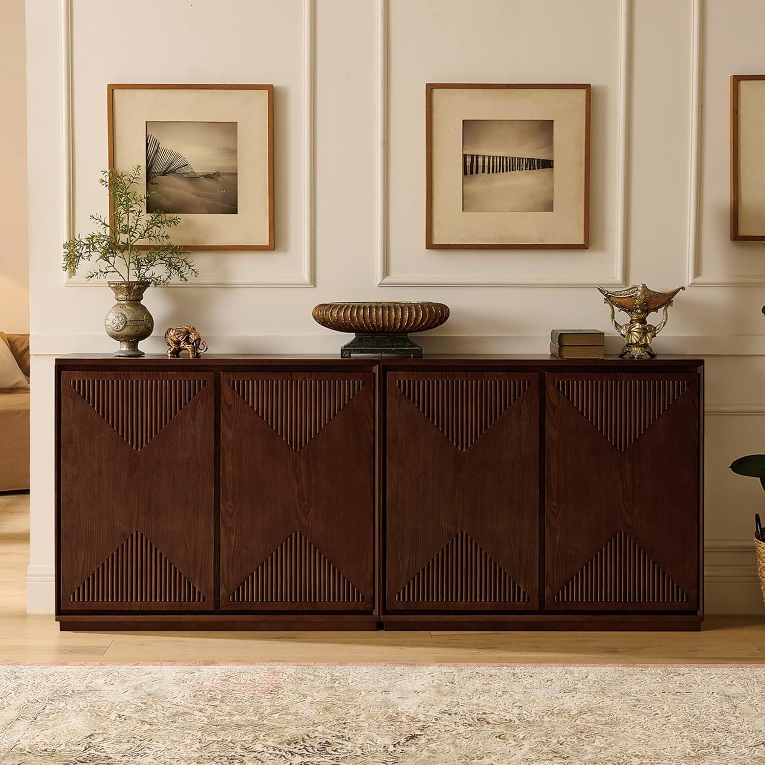 LKTART Narrow Sideboard Buffet Storage Cabinet with Solid Wood Doors,Mid Century Modern Accent Credenza Cabinet,Media Console Table for Kitchen, Living Room, Entryway-Dark Walnut