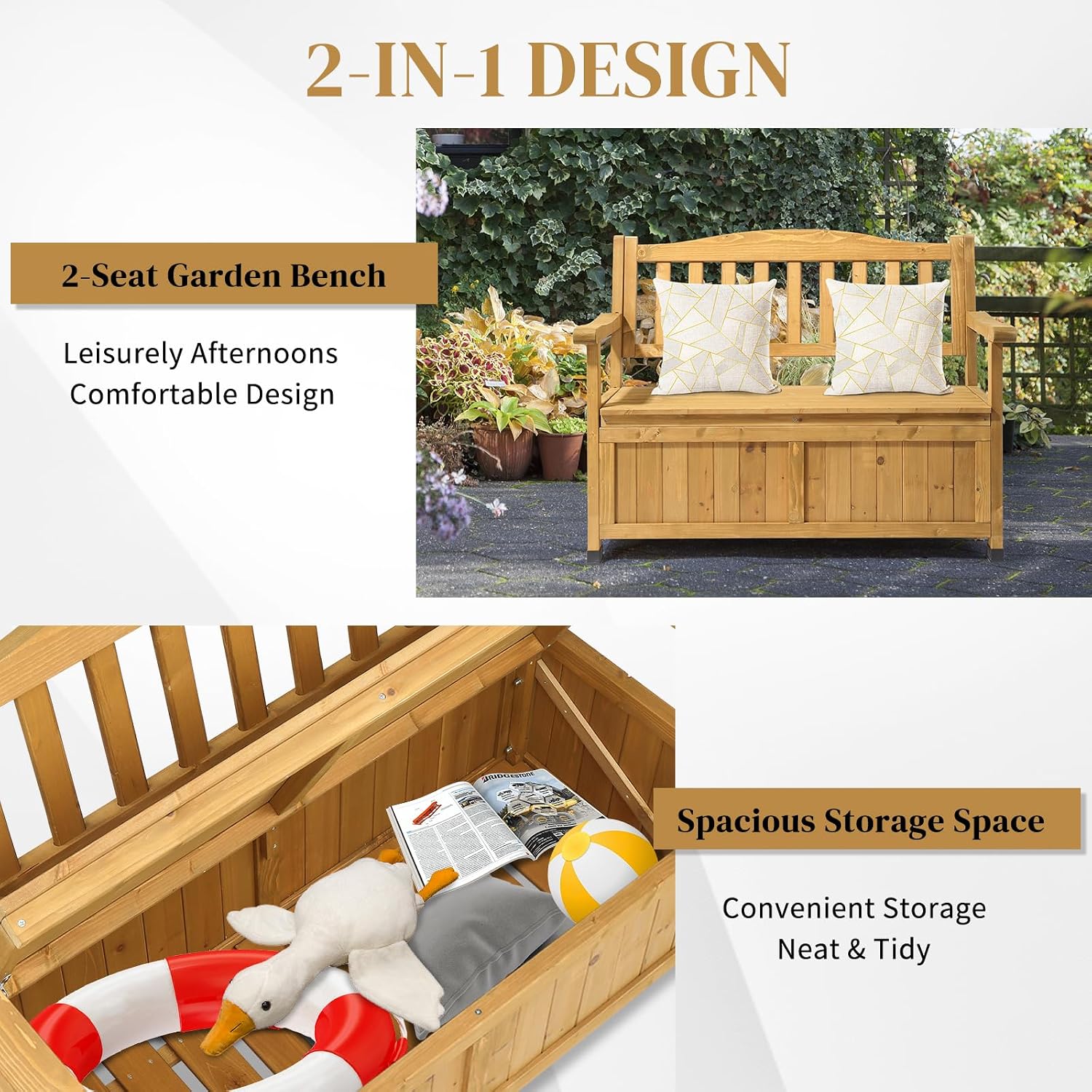 44 inch Outdoor Storage Bench, All-Weather Deck Box Bench with Backrest Armrest, Storage Seating Box for Outdoor, Pool Storage and Garden Tools - Brown
