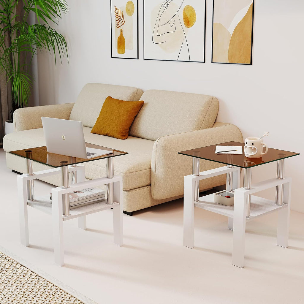 Set of 2 Glass End Table, 2-Layer Glass Living Room Table, Modern Tea Table Side Tables for Home Office Furniture