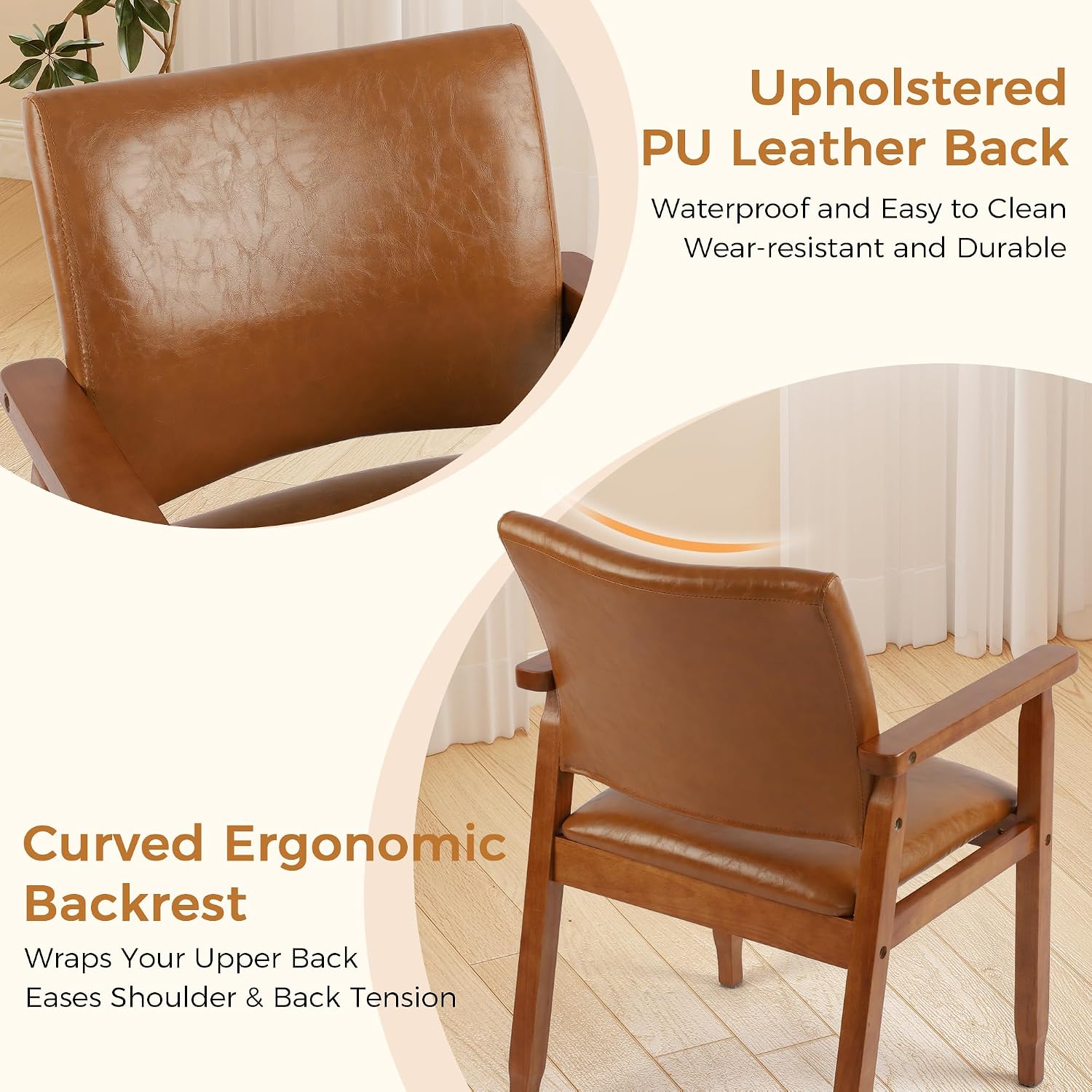 NOBPEINT Mid-Century Modern Dining Chairs with Armrest Set of 2, PU Leather Upholstered Dining Room Chairs with Solid Wood Frame, Walnut Kitchen Armchairs for Kitchen Living Room Restaurant, Brown