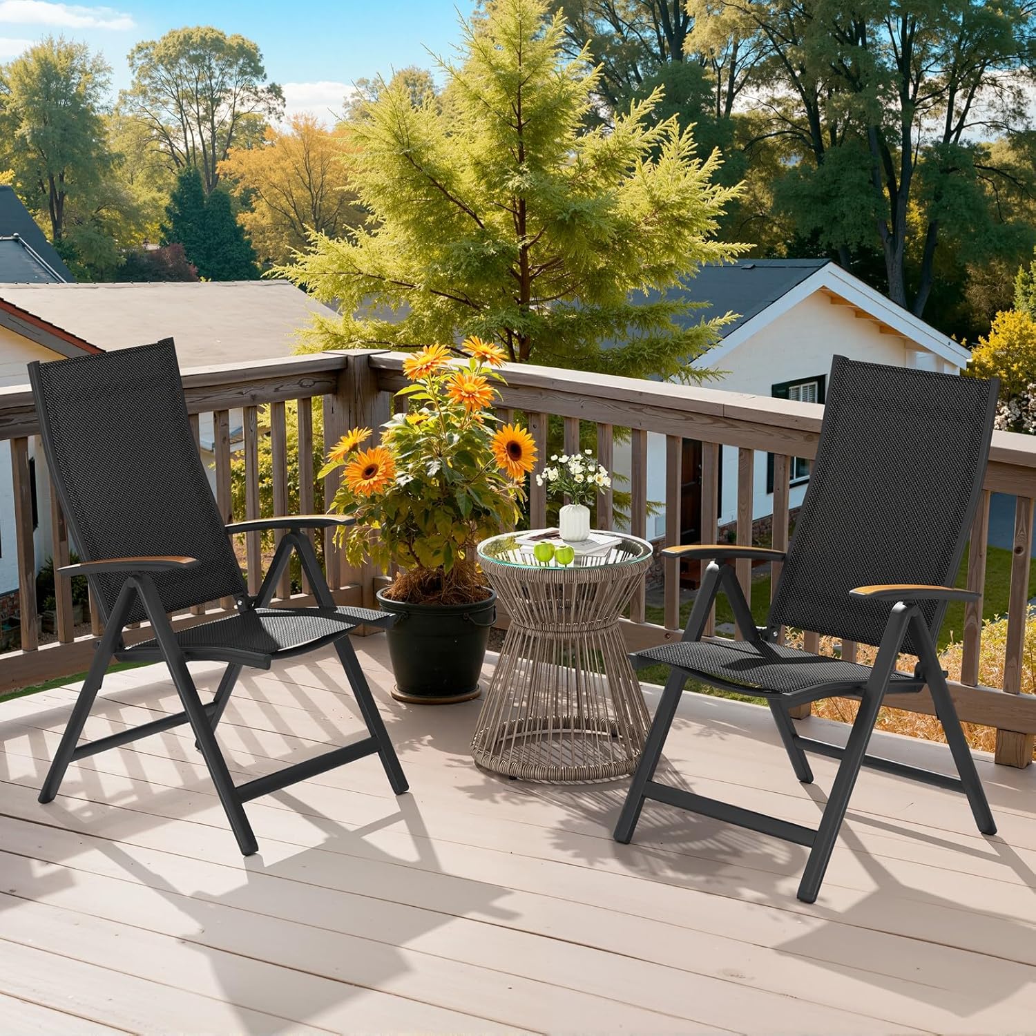 Crestlive Products Folding Patio Chairs Set of 2, 8-Level Adjustable Outdoor Recliner Chairs with Teak Armrest Aluminium Frame for Pool, Backyard, Black, DC071