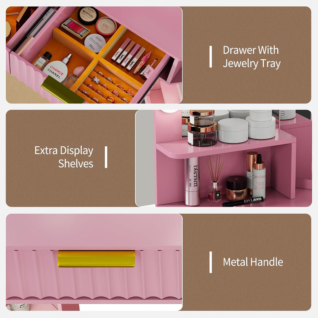 Corner Vanity Desk with LED Mirror, Power Outlet and 3 Light Modes - Pink | SKKTKT Makeup Vanity Set - Storage Drawers, Matching Chair and Corner Design for Bedroom