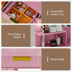 Corner Vanity Desk with LED Mirror, Power Outlet and 3 Light Modes - Pink | SKKTKT Makeup Vanity Set - Storage Drawers, Matching Chair and Corner Design for Bedroom