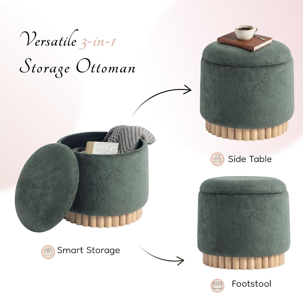 Get Set Style Round Ottoman with Wooden Base, Storage Vanity Stool for Makeup, Upholstered Footrest Stool Ottoman Foot Stool for Living Room, Bedroom
