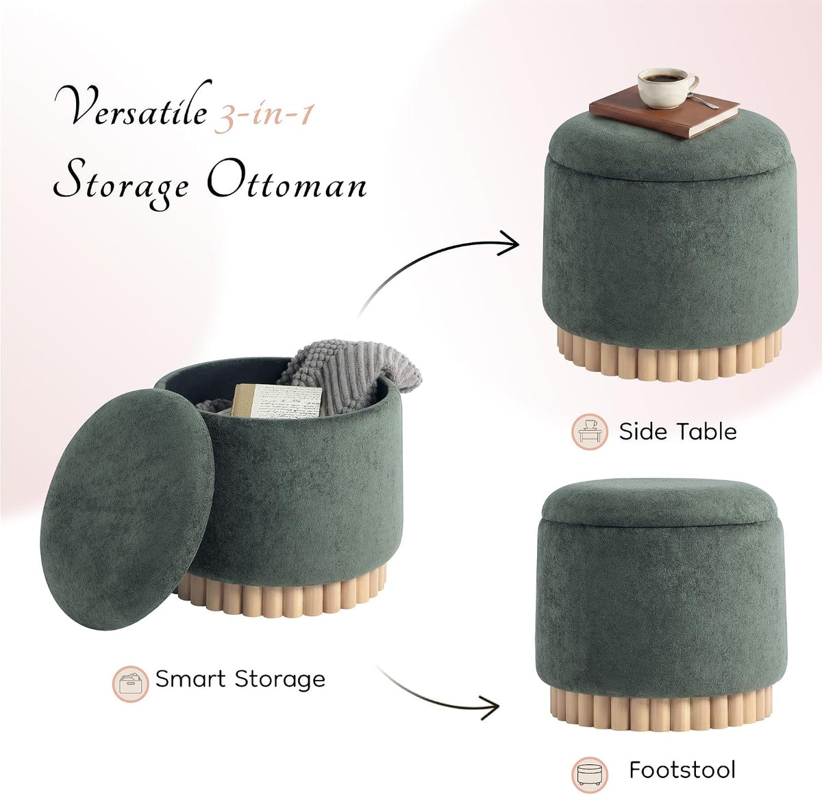 Get Set Style Round Ottoman with Wooden Base, Storage Vanity Stool for Makeup, Upholstered Footrest Stool Ottoman Foot Stool for Living Room, Bedroom