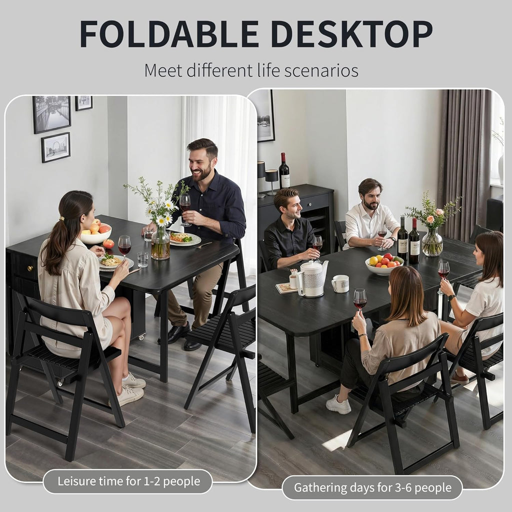 Folding Dining Table and Chairs - 51" Fully Assembled Drop Leaf Table 4-6 Seater with Storage and Lockable Wheels, Space-Saving Set with 4 Chairs for Kitchen or Dining Room (Black)