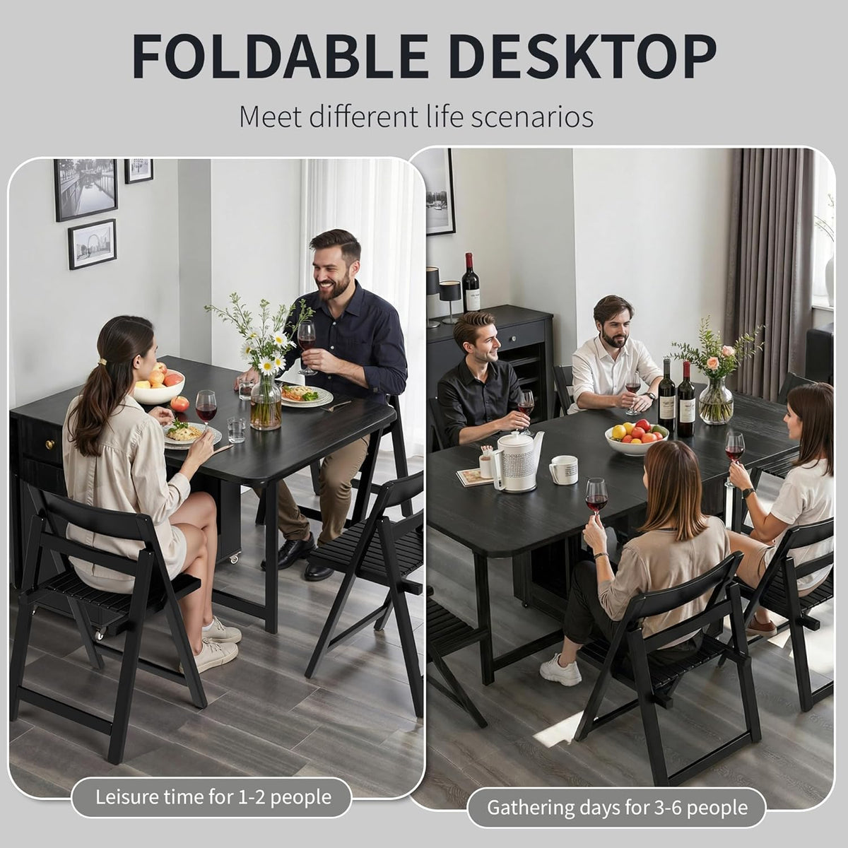Folding Dining Table and Chairs - 51" Fully Assembled Drop Leaf Table 4-6 Seater with Storage and Lockable Wheels, Space-Saving Set with 4 Chairs for Kitchen or Dining Room (Black)