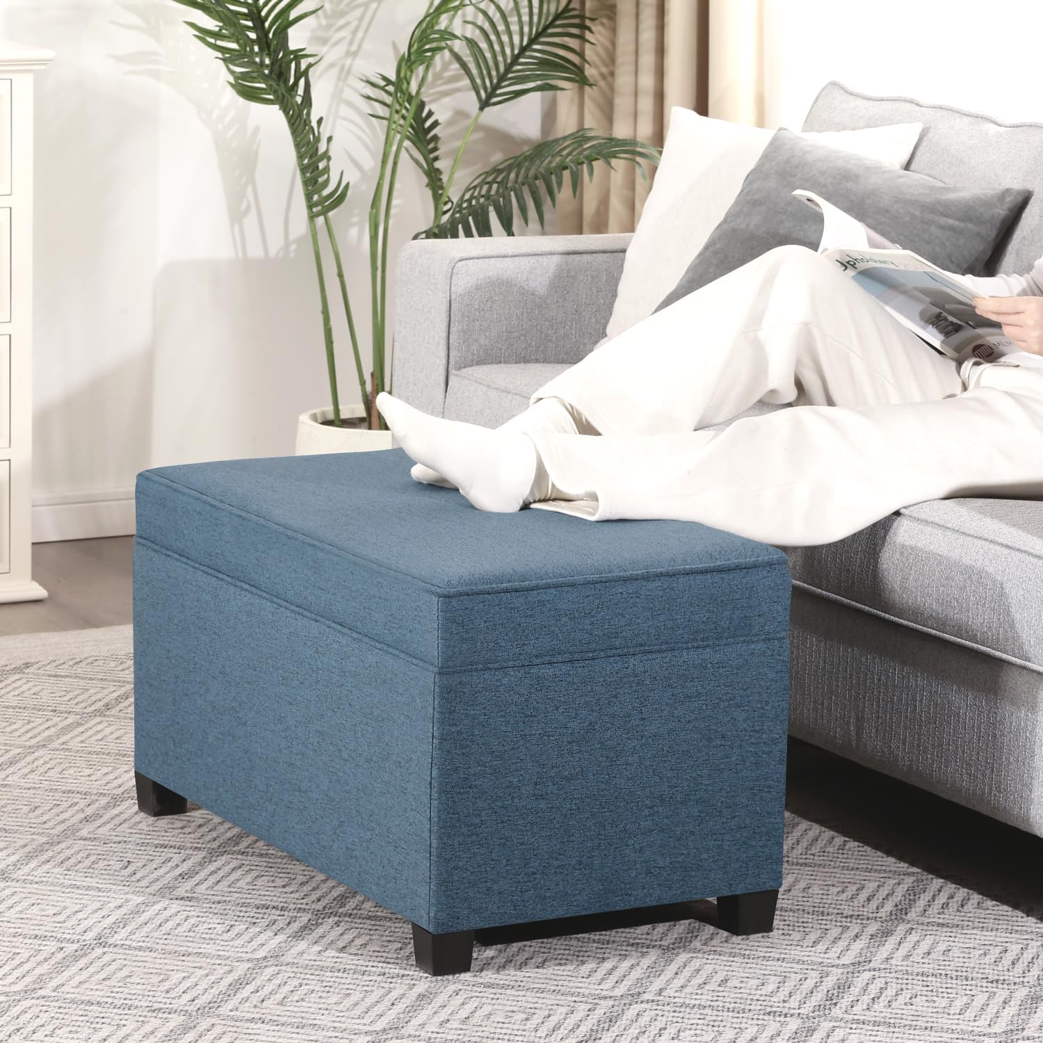 Adeco 31 Inches Storage Ottoman Bench, Non-Folding End of Bed Foot Rest Stools Ottoman with Thicker Foam Padded Seat, Upholstered Storage Chest for Living Room, Entryway, Bedroom