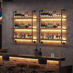 Large Wine Rack Wall Mounted with LED Light, Solid Wood Bar Shelves Wall Mounted, 3-Tiers Liquor Bottles Floating Shelves Display Storage Organizer for Home Bar, Dining Room (47.2 inch)