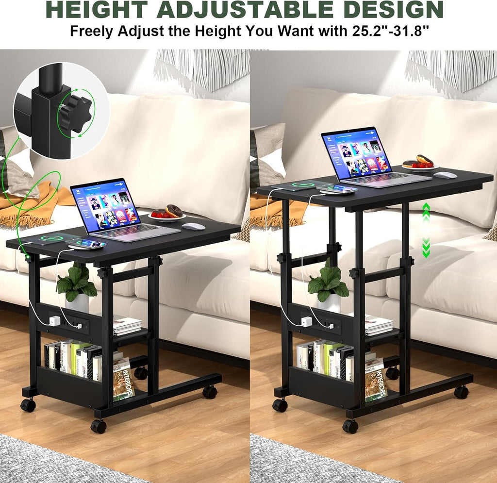 Armocity C Shaped End Table Height Adjustable - Couch Side Table with Charging Station, TV Tray with Wheels Slide Under Sofa for Small Spaces, Living Room Bedroom, Black
