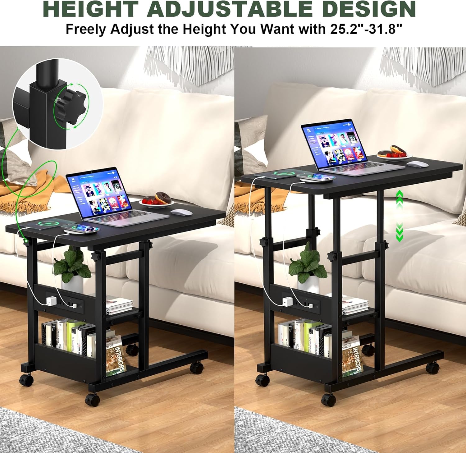 Armocity C Shaped End Table Height Adjustable - Couch Side Table with Charging Station, TV Tray with Wheels Slide Under Sofa for Small Spaces, Living Room Bedroom, Black