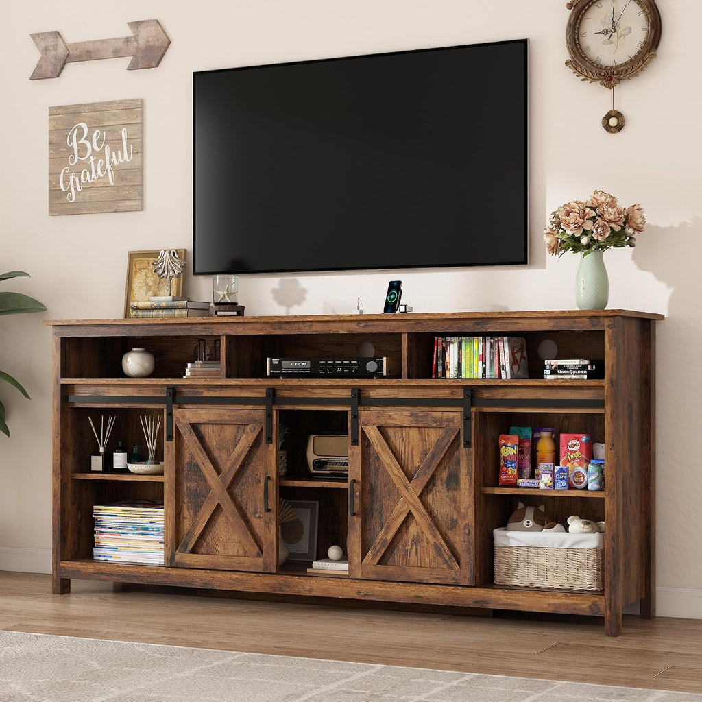70" LED Farmhouse TV Stand for 80/75/70 Inch TVs,Tall Entertainment Center Storage Cabinets w/Power Outlets and Sliding Barn Door,Rustic TV Stands for Living Room,Media Console Cabinet (Brown)