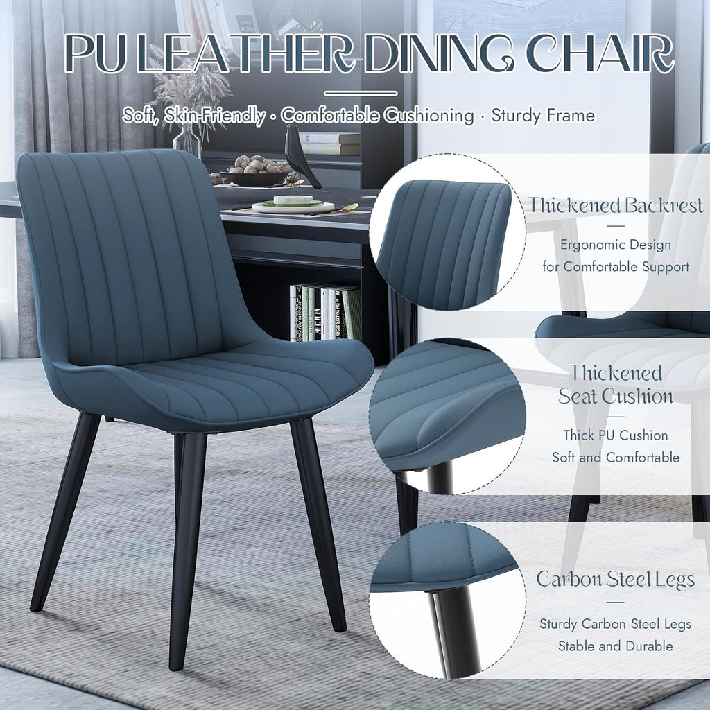 Mid-Century Modern Dining Chairs Set of 2, PU Leather Kitchen Chairs with Soft Cushion and Metal Legs, Upholstered Armless Accent Chair Side Chair for Dining Room/Guest/Reception Room/Cafe (Blue)