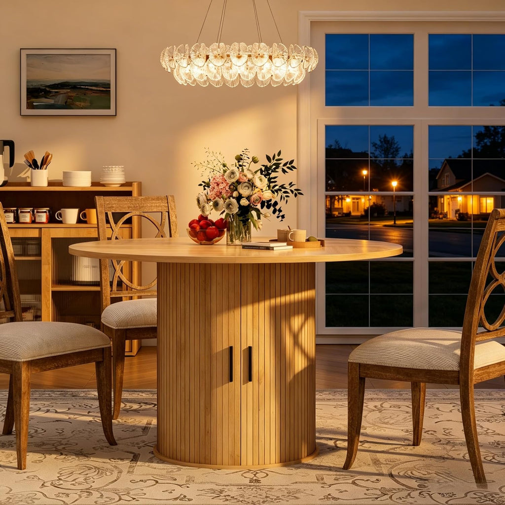 GarveeHome 47'' Round Dining Table with Hidden Storage for 4, Kitchen Dining Room Circle Dinner Pedestal Table with Slide Door Shelf, Space Saving Wood Furniture for Small Spaces, Dining Room, Natural