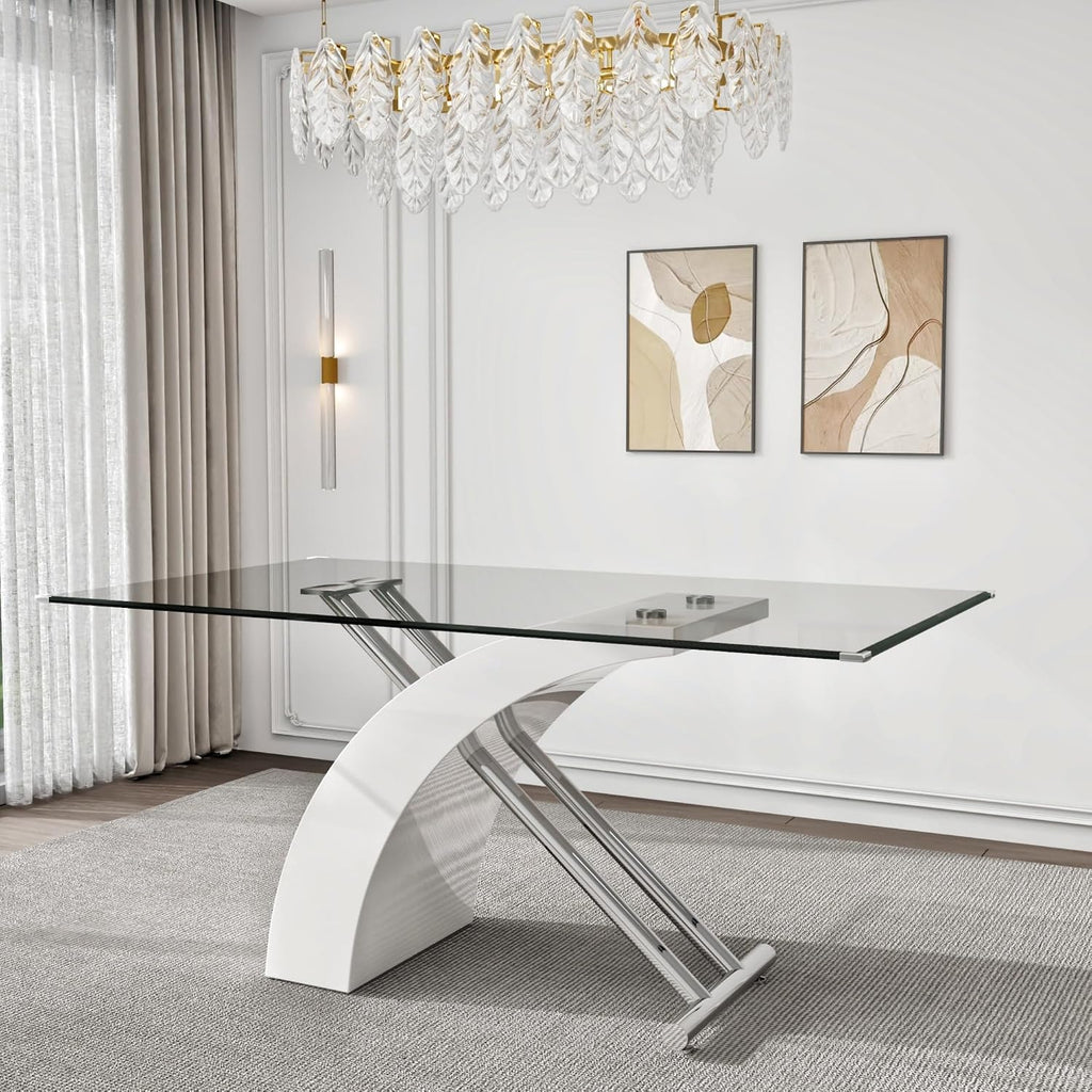 Rectangular Glass Dining Table for 4-6 People, 63" Clear Tempered Glass Desktop with X-Shape Stainless Steel Base, for Kitchen, Living Room, Office, Silver White
