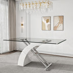 Rectangular Glass Dining Table for 4-6 People, 63" Clear Tempered Glass Desktop with X-Shape Stainless Steel Base, for Kitchen, Living Room, Office, Silver White
