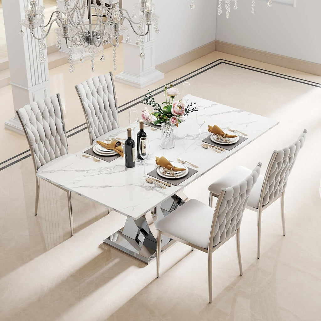 Modern Dining Chairs Set of 4, Light Grey Velvet Woven Kitchen Chair with Silver Metal Legs, Upholstered Cushion & High Back Design, Mid-Century Dining Chairs for Kitchen, Living Room
