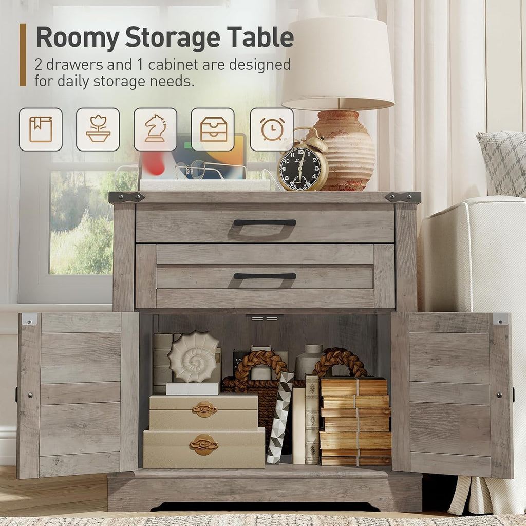 RALGEND Farmhouse End Table with Charging Station, 24'' Sofa Side Table with 2 Drawers and Barn Door, Large Rustic Wooden Square Nightstand for Bedroom, Living Room, Greige