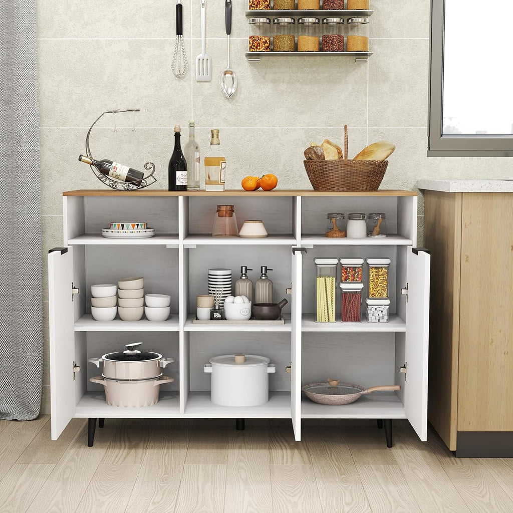 LOKO 47" W Buffet Sideboard, Kitchen Storage Cabinet with 3 Open Compartments, 3 Doors, 5-Position Adjustable Shelves, Coffee Bar Cabinet, Accent Sideboard for Living Room, White