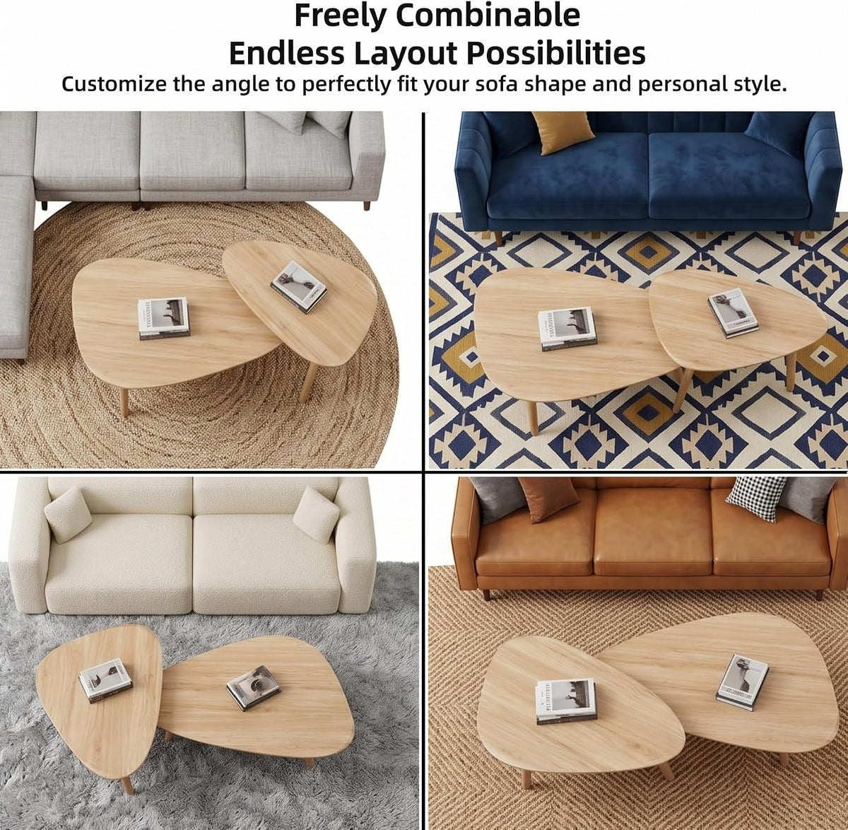 Nesting Coffee Table Set of 2-Mid Century Modern Coffee Table | Guitar Pick Stacking Tables with Solid Wood Legs,Small Coffee Tables for Small spaces,Living Room,Balcony