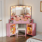 Corner Vanity Desk with LED Mirror, Power Outlet and 3 Light Modes - Pink | SKKTKT Makeup Vanity Set - Storage Drawers, Matching Chair and Corner Design for Bedroom