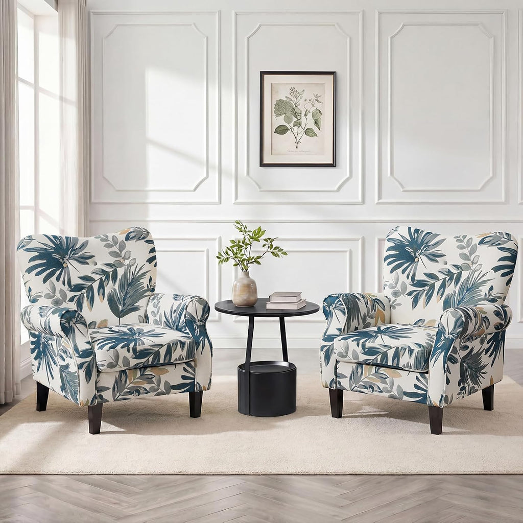 YOLENY Modern Accent Chair,High Back Armchair,Upholstered Fabric Button Single Sofa with Wooden Legs for Living Room,Bedroom,Blue Leaves