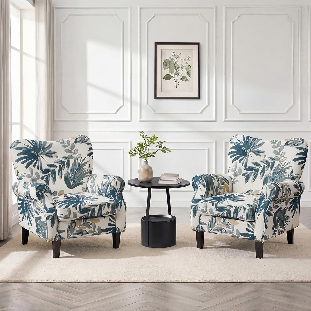 YOLENY Modern Accent Chair,High Back Armchair,Upholstered Fabric Button Single Sofa with Wooden Legs for Living Room,Bedroom,Blue Leaves