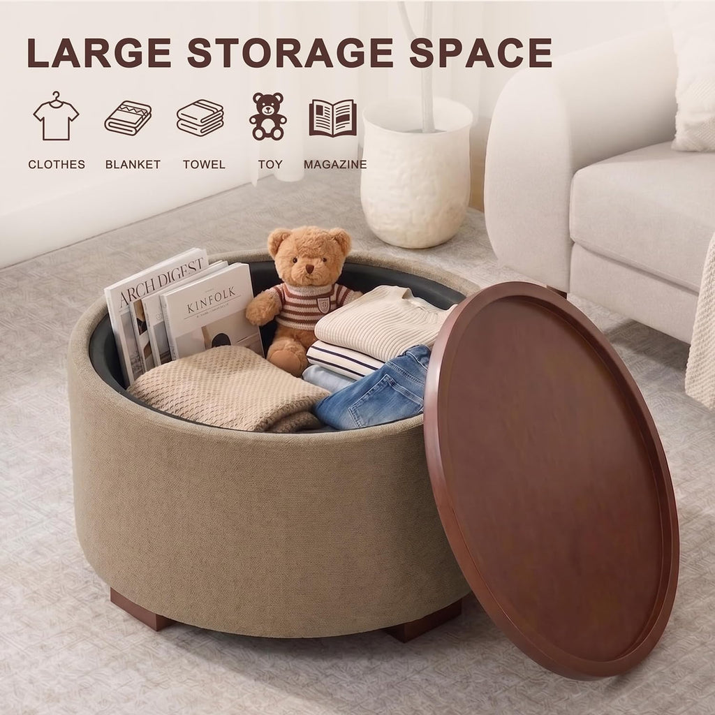 Huatean Home 29.1 Inch Round Coffee Table, Storage Ottoman with Removable Lid Top and Solid Wood Legs, Round Ottoman with Storage for Living Room, Bedroom, Corners, Entryway, Boucle Ottoman, Camel