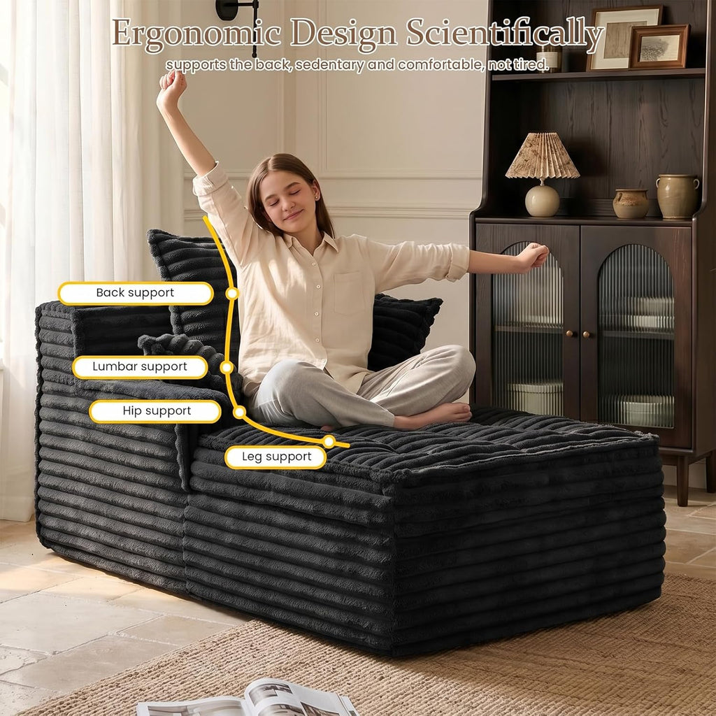 Chaise Lounge Couch Indoor, Small Corduroy Upholstered Sleeper Sofa Bed Reading Chairs with 3 Pillows, Fluffy Comfy Cloud Sofas Couches, Compression Sofa for Small Corner