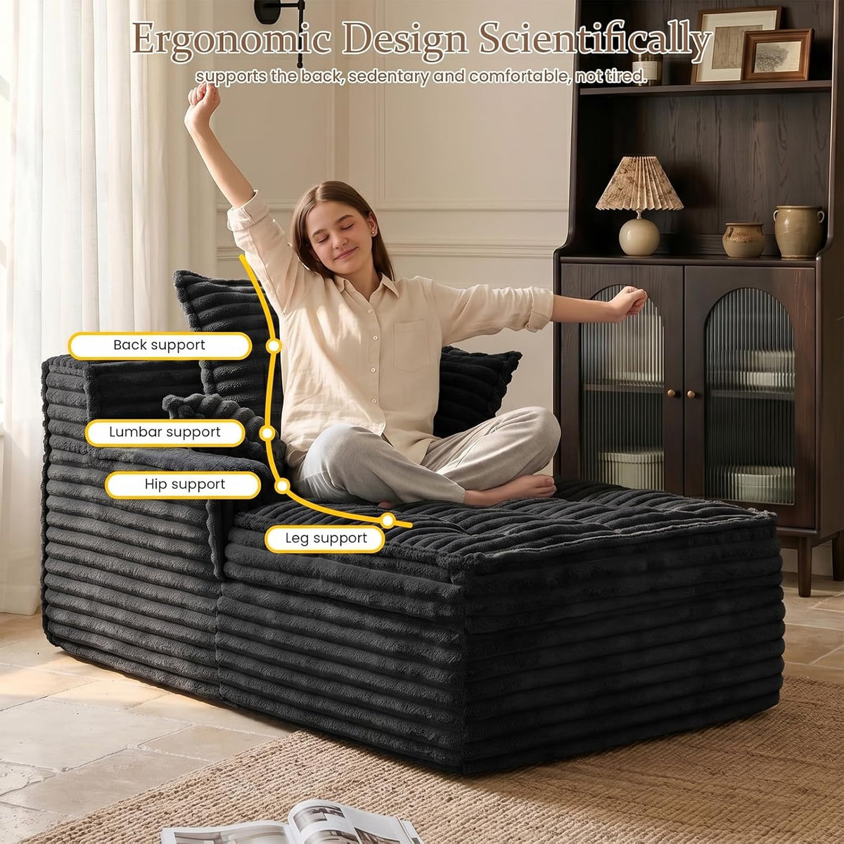 Chaise Lounge Couch Indoor, Small Corduroy Upholstered Sleeper Sofa Bed Reading Chairs with 3 Pillows, Fluffy Comfy Cloud Sofas Couches, Compression Sofa for Small Corner