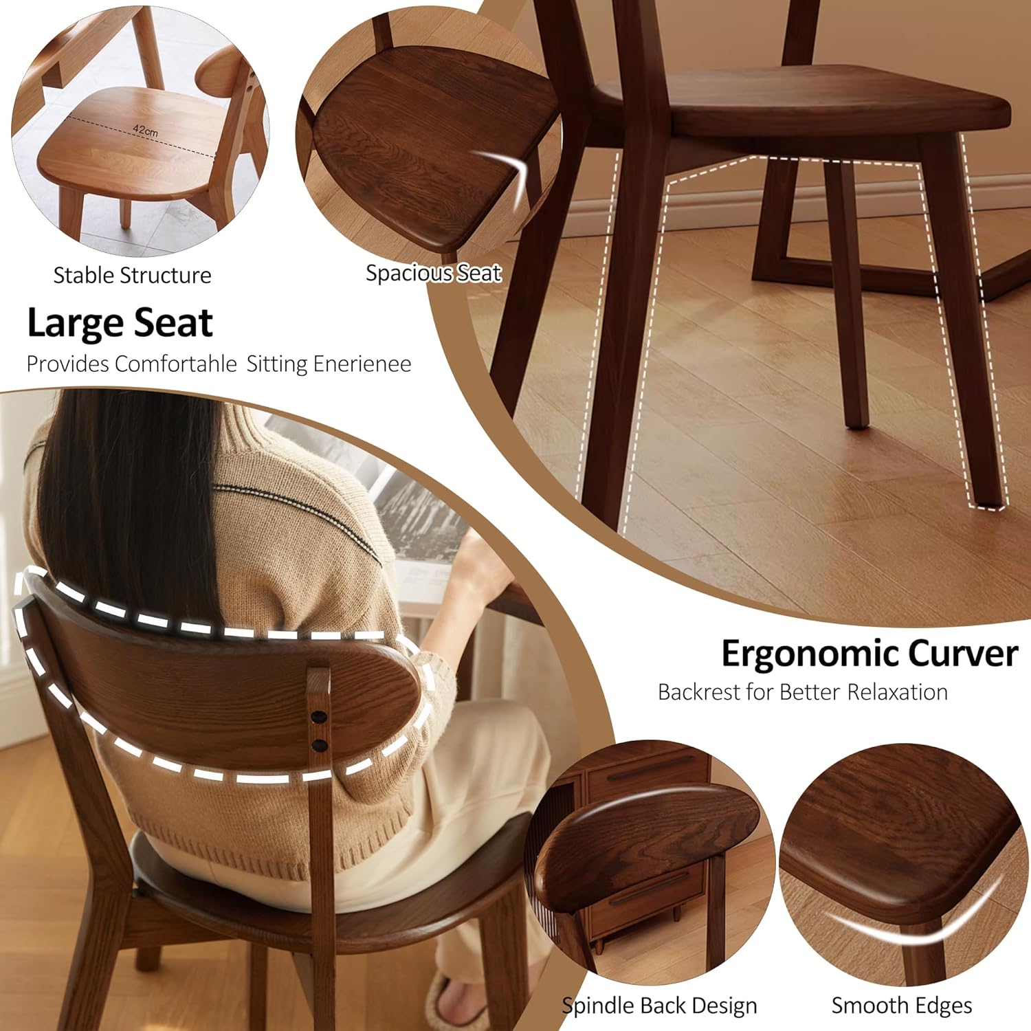 Modern Dining Chairs Set of 4, Solid Oak Wood Dining Chair with Comfortable Backrest, Sturdy Wooden Chairs for Kitchen, Dining Room