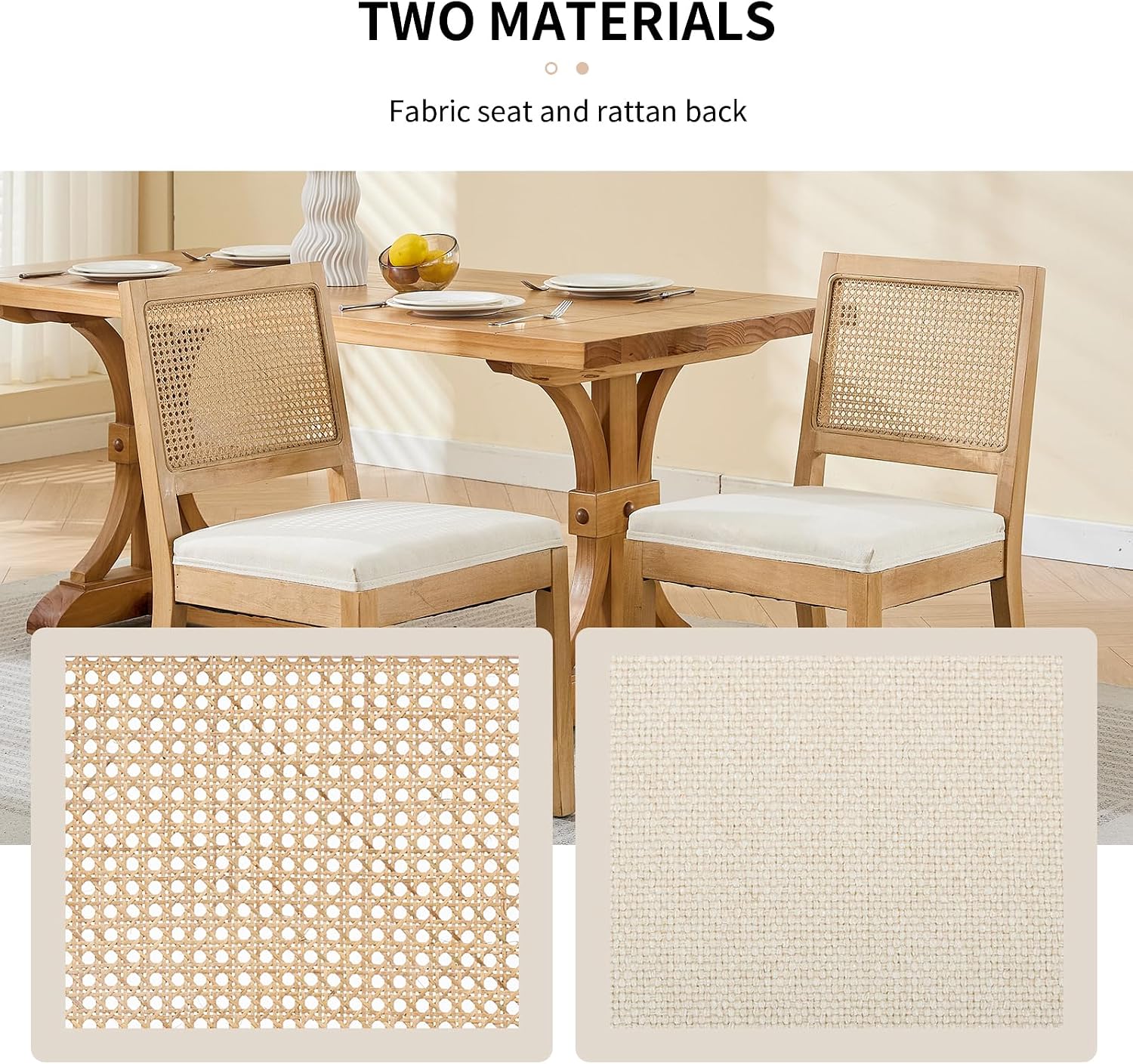 Vintage French Country Dining Chairs Set of 6, Rattan Dining Chairs with a Low Square Back, Beige Upholstered Dining Chair, Sillas para Comedor, Kitchen & Dining Room Chair (Beige, 6Pcs)