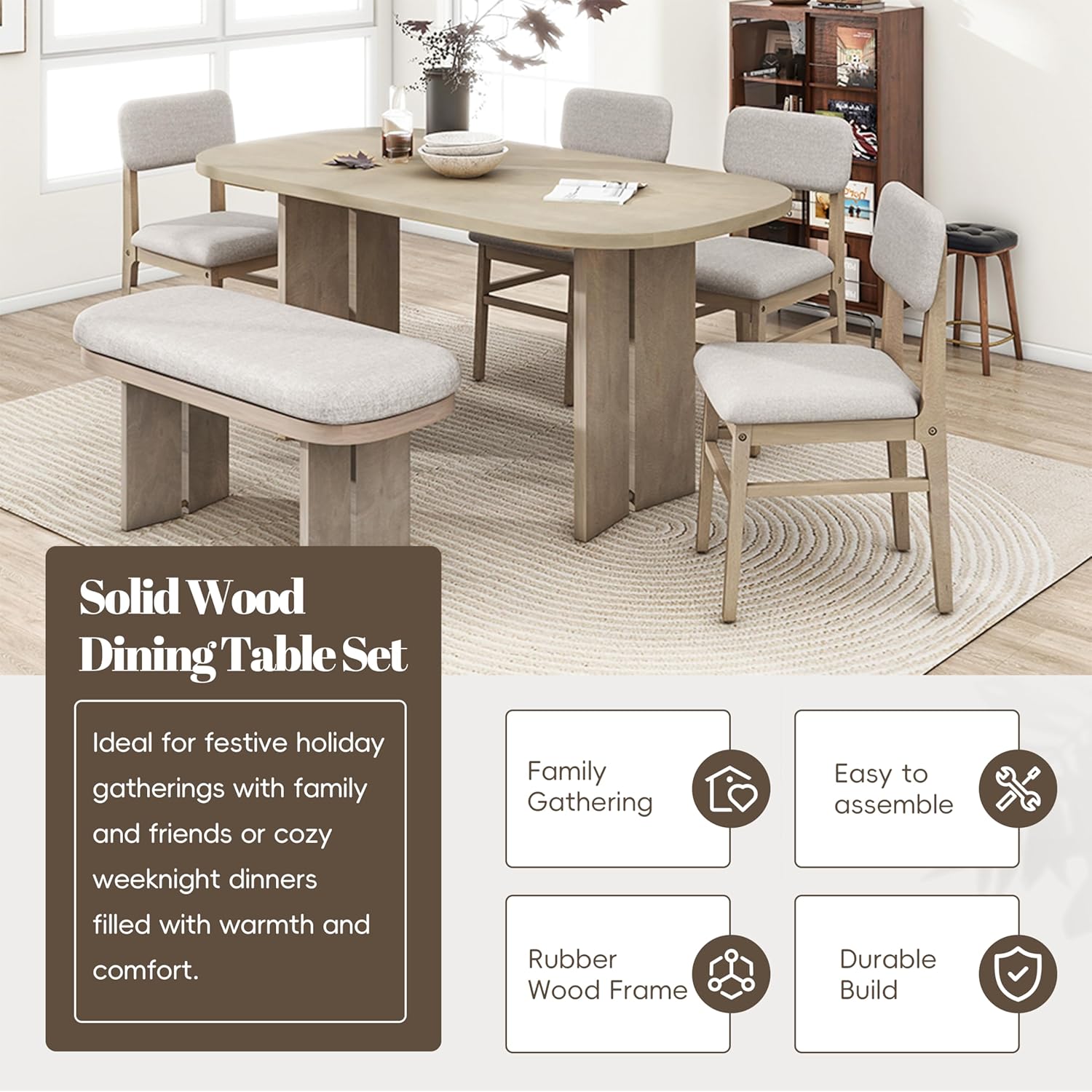 Harper & Bright Designs Dining Table and Chairs Set, 6-Piece Solid Wood Dining Room Set with Bench, Modern Farmhouse Kitchen Furniture for Family Gatherings, Natural