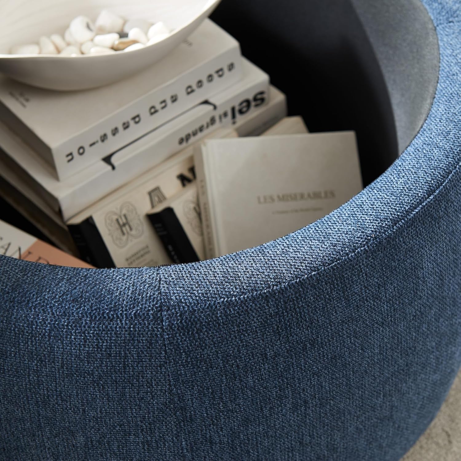 Round Storage Ottoman, 2 in 1 Function, Work as End Table and Ottoman, Navy (25.5"x25.5"x14.5")