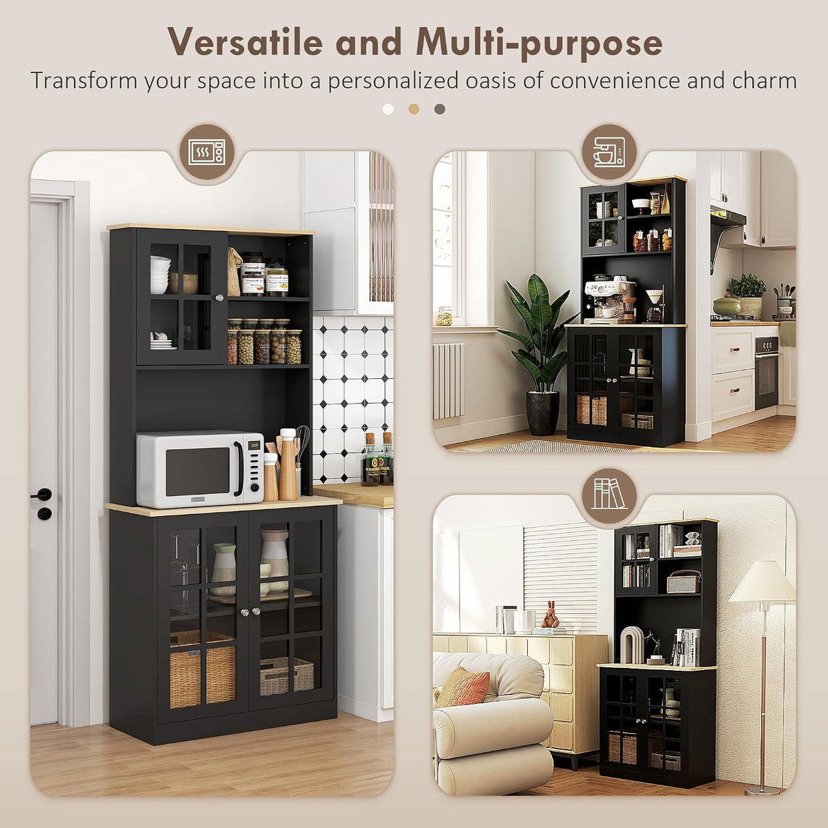 HOMCOM Kitchen Pantry Storage Cabinet 72" with Hutch, Black | Large Countertop, Freestanding, Glass Doors, Adjustable Shelves, Dining Room