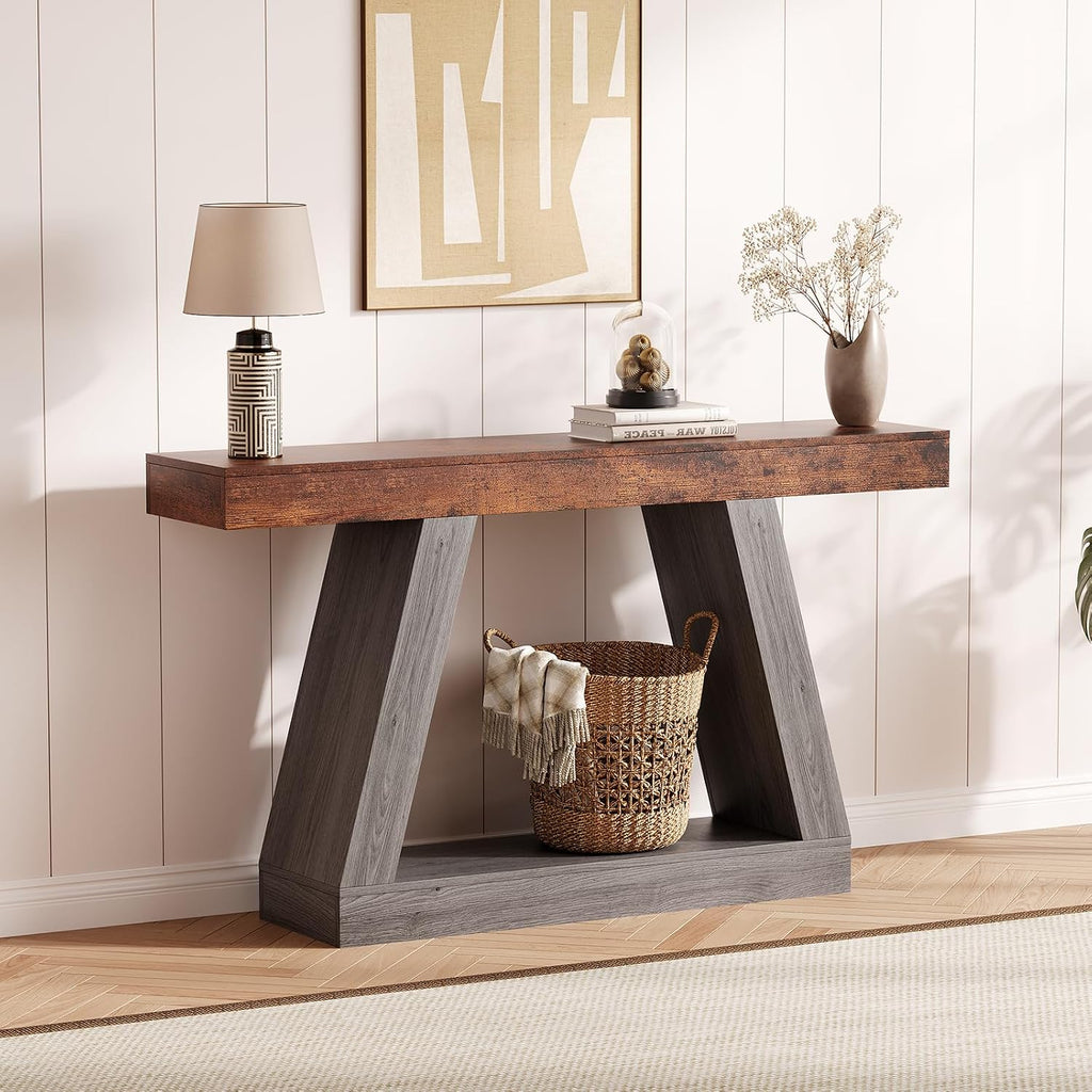 55in Farmhouse Console Table - 2-Tier Wooden Trapezium Sofa Table - Skinny Entryway Furniture with Open Storage Shelf - Ideal for Living Room, Behind Couch, Hallway - Gray