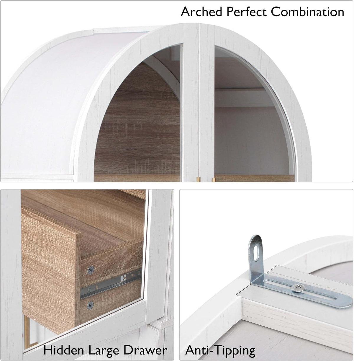 71" Tall Arched Cabinet with Glass Doors, Farmhouse Kitchen Storage Cabinet with Hidden Drawer and Adjustable Shelves, Hutch Cabinets for Dining Room, Bathroom (White)