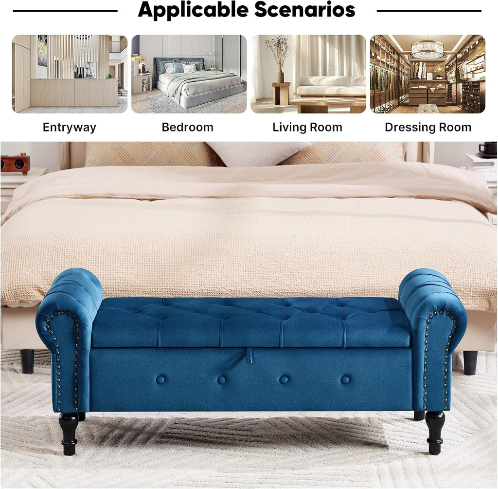 Storage Bench for Bedroom, Velvet 51" End of Bed Bench, Queen Size Bench with Rolled Arms, Tufted Storage Ottoman Benches, Upholstered Bench for Bedroom, Living Room, Entryway, Navy Blue
