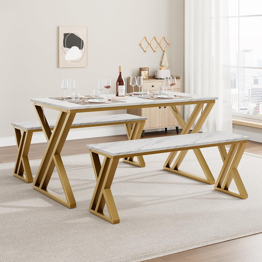 GAOMON Dining Table Bench Set for 4, Kitchen Table Set With 2 Benches, Rectangular Dining Room Table Set With Faux Marble Tabletop, Sturdy Metal Frame, Saving Space for Kitchen, Dining Room, Apartment