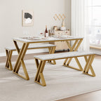 GAOMON Dining Table Bench Set for 4, Kitchen Table Set With 2 Benches, Rectangular Dining Room Table Set With Faux Marble Tabletop, Sturdy Metal Frame, Saving Space for Kitchen, Dining Room, Apartment