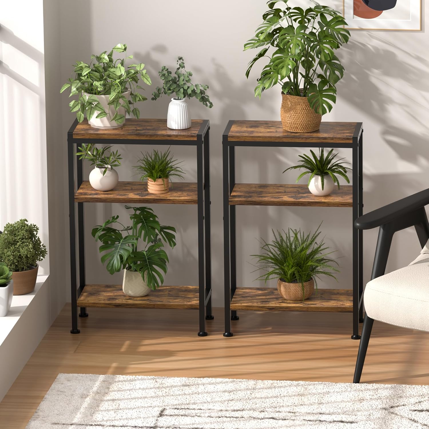 Narrow Side Table for Small Space, 3 Tier Slim End Table, Thin Nightstand, Skinny Snack Couch Table, Sofa Bedside Table in Living Room, Bedroom, Study, Kitchen and Balcony (Rustic Brown)