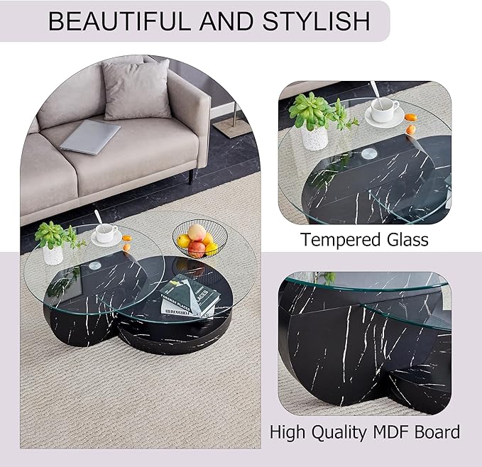 Coffee Tables for Living Room - Round Glass Coffee Table with Wooden Base Mid-Century Modern End Table 3-Tier Round Coffee Table for Living Room, Office, Balcony (42″ Black)