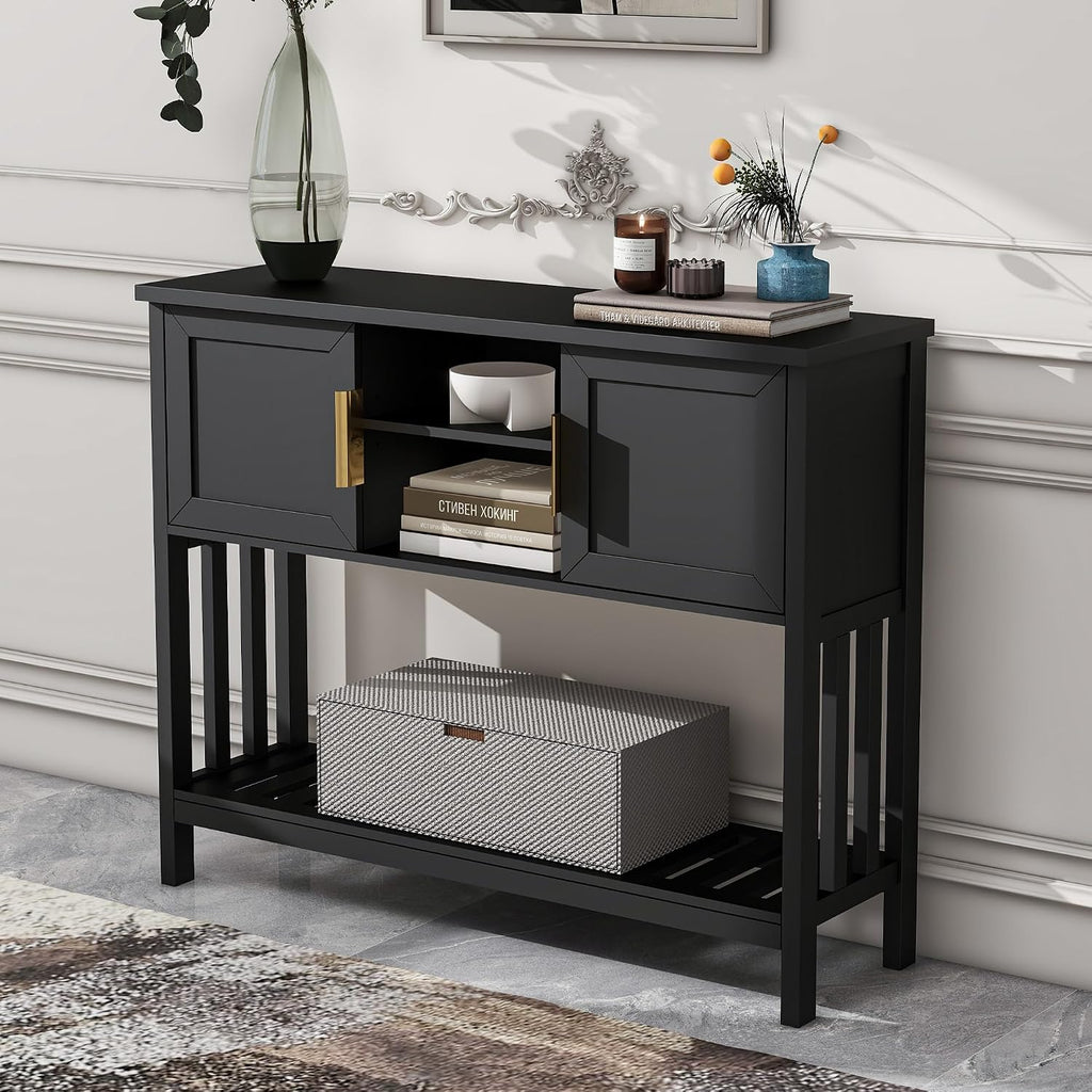 Entryway Table, Console Table, Sofa Table with 2-Door and Shelf, Black | Entryway Cabinet and Sideboard Cabinet with Large Storage Space for Daily Use in Hallway, Foyer, Living Room