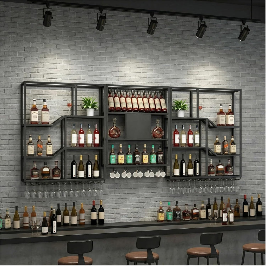 79" Large Metal Wine Rack Wall Mounted, 3 Tier Liquor Shelf & Liquor Rack Wall Mounted with LED Light, Bar Shelf for Liquor Bottles & Glass Holder for Dining Room,Home Bar,Black