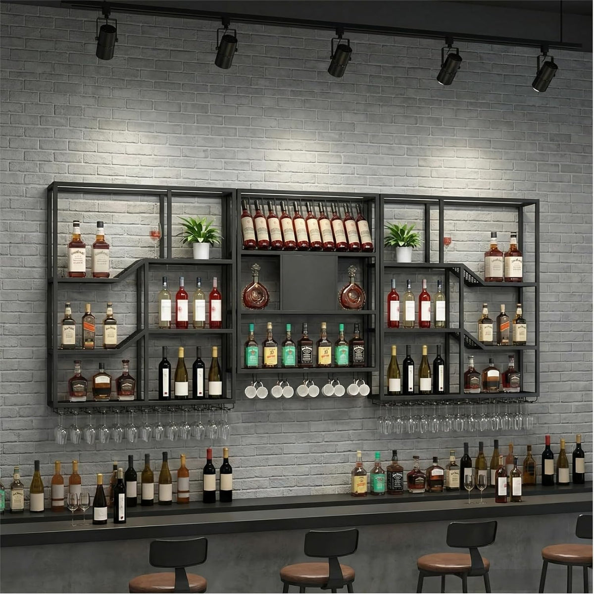 79" Large Metal Wine Rack Wall Mounted, 3 Tier Liquor Shelf & Liquor Rack Wall Mounted with LED Light, Bar Shelf for Liquor Bottles & Glass Holder for Dining Room,Home Bar,Black