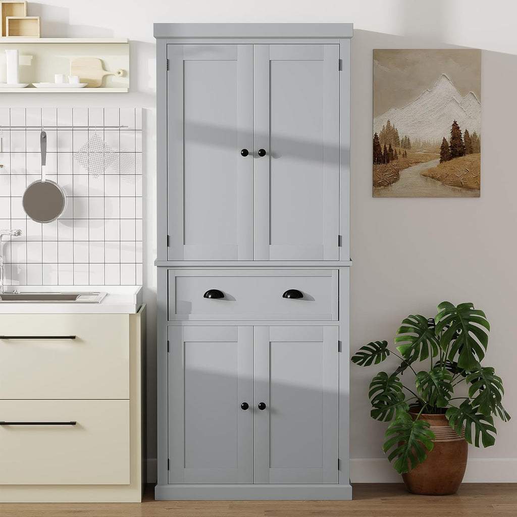 HOMCOM 72.5" Kitchen Pantry Cabinet, Traditional Freestanding Storage Cabinet with 4 Doors, Drawer and 3 Adjustable Shelves for Dining Room, Gray