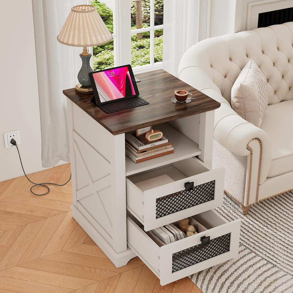 Farmhouse End Table with Charging Station, Nightstand with 2 Drawers & Open Storage,Sofa Side Table with Mesh Drawers, Design Bedside Table for Living Room, Bedroom, White