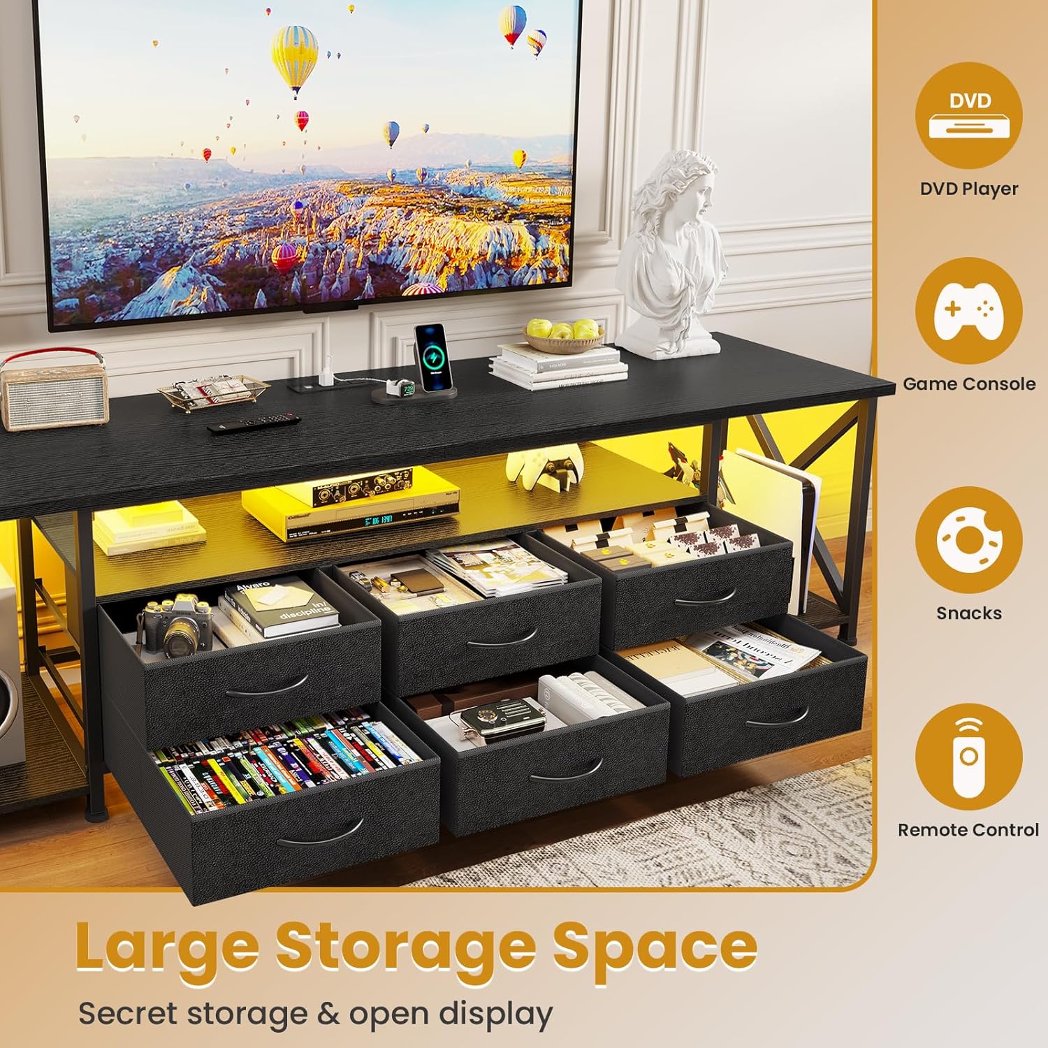 BTHFST TV Stand with LED Lights & Power Outlets, for TVs up to 85 Inches, 6 Fabric Drawers Entertainment Center with Open Storage Shelves, 71" TV Media Console Table for Living Room, Bedroom, Black