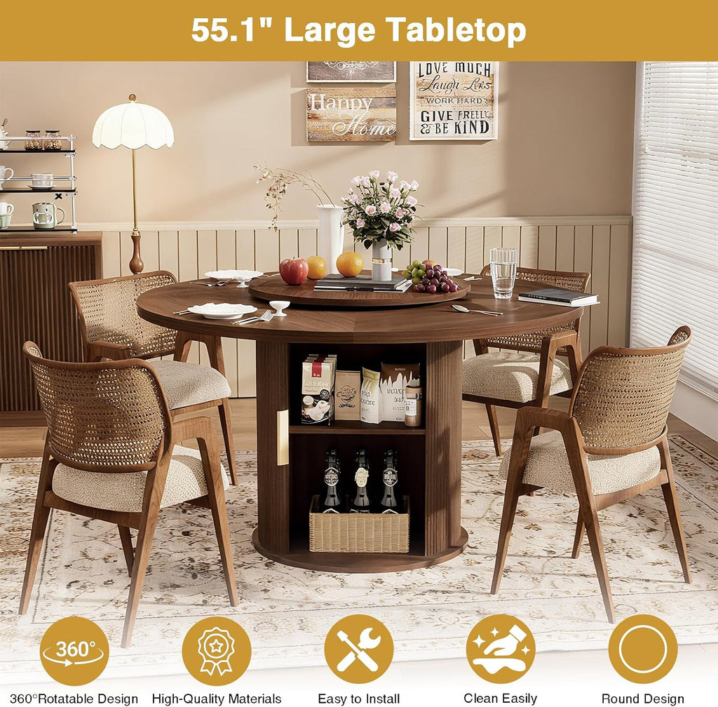 55" Round Dining Room Table with Lazy Susan, Mid-Century Modern Kitchen Table, Pedestal Storage with Wavy Sliding Doors, Seats 6, Stable Rounded Base, Easy-Clean Finish (Walnut)